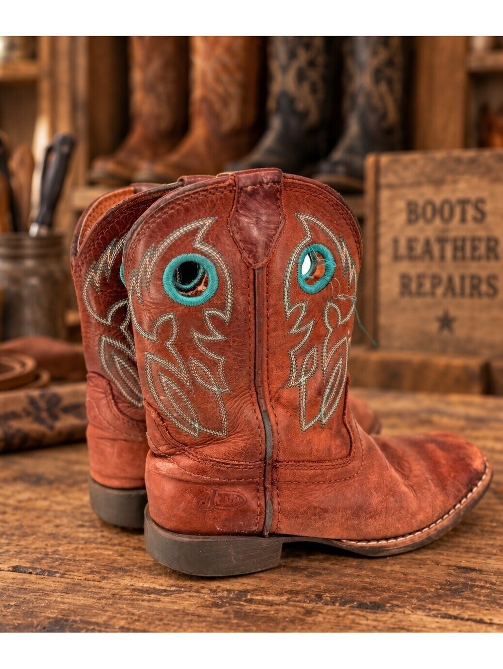 Justin Kids Cowboy Boots Size 13D Brown Leather Turquoise Western Rodeo Youth